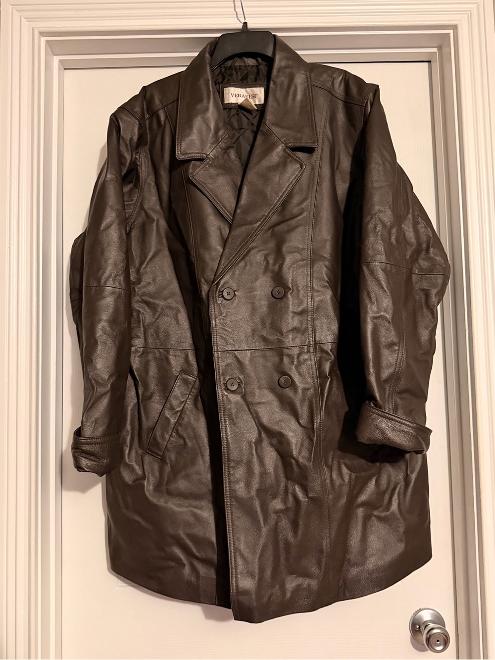 Veranesi Women’s Brown Leather Double-Breasted Coat